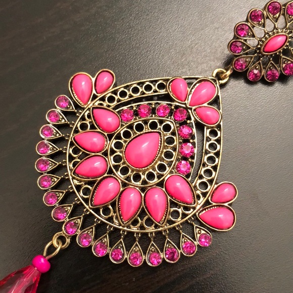Pink & Gold Jeweled Chandelier Earrings - Picture 7 of 8